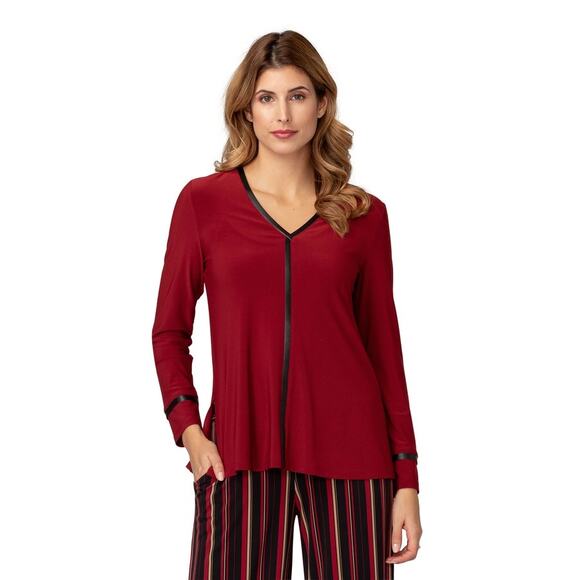 JOSEPH RIBKOFF NWT Leather Trim V Neck Tunic Blouse Sz 10 - Picture 2 of 10